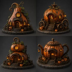 Puede incluir: Una colección de cuatro estructuras en miniatura con temática de calabaza, que incluye una casa con forma de calabaza, un carruaje, una vivienda de calabazas apiladas y una casa con forma de tetera, con iluminación cálida y bases de piedra.