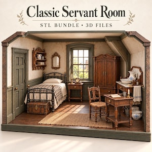 Peut inclure: Un modèle 3D d'une chambre de domestique classique avec un lit à couverture écossaise, une armoire en bois, un bureau avec chaise, un lavabo avec broc et vasque, une étagère, un miroir, un coffre et une fenêtre, titré Classic Servant Room STL BUNDLE 3D FILES.