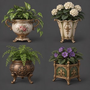 May include: A collection of four decorative planters featuring ornate gold-toned detailing and feet. The set includes a round floral-painted pot with a trailing plant, a fluted cream pot with white flowers, a bronze-toned pot with a fern, and a square green pot with purple flowers.