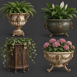 Peut inclure: Quatre jardinières décoratives avec plantes. En haut à gauche : urne crème avec relief de lion. En haut à droite : bol sarcelle avec anses en anneau. En bas à gauche : support hexagonal brun foncé avec lierre. En bas à droite : bol crème avec visages en relief et hortensias roses.