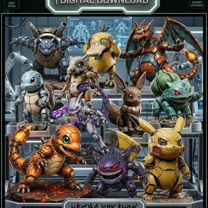 May include: A collection of 11 digital STL files for 3D printing featuring mechanical versions of various creatures. The set includes robotic-style figures of Blastoise, Psyduck, Charizard, Squirtle, Cubone, Mewtwo, Eevee, Bulbasaur, Charmander, Gengar, and Pikachu.