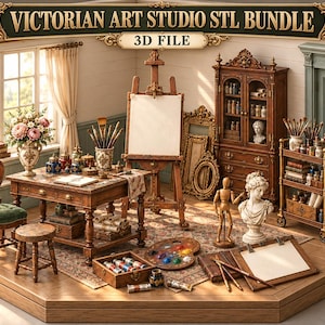 May include: A digital 3D file bundle titled VICTORIAN ART STUDIO STL BUNDLE featuring a miniature art studio scene with a wooden desk, easel, chair, storage cabinet, rolling cart, artist mannequin, bust, paint palette, brushes, and various art supplies.