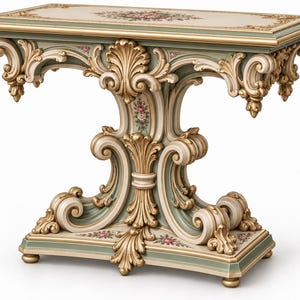 May include: A rectangular console table featuring a cream-colored top with floral accents, supported by a central pedestal base. The structure is finished in sage green and gold, decorated with intricate carved scrollwork and acanthus leaf motifs.