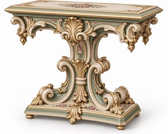 Puede incluir: Una mesa consola rectangular con una superficie color crema y detalles florales, sostenida por una base de pedestal central. La estructura tiene un acabado en verde salvia y dorado, decorada con volutas talladas y hojas de acanto.