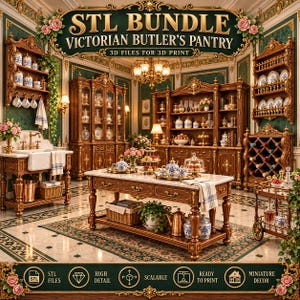 Może przedstawiać: Cyfrowa kolekcja plików do druku 3D pod tytułem STL BUNDLE VICTORIAN BUTLER'S PANTRY, przedstawiająca ozdobne drewniane szafki, wyspę kuchenną z marmurowym blatem, zlew oraz dekoracyjną zastawę stołową w szczegółowo oddanym wnętrzu.