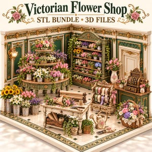 Peut inclure: Un ensemble de fichiers STL 3D pour une boutique de fleurs victorienne miniature, comprenant un intérieur détaillé avec des présentoirs floraux, une table de travail en bois, un porte-rubans, une caisse enregistreuse et des fleurs en pot.