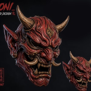 Puede incluir: Una detallada máscara Oni roja y dorada con dientes afilados y cuernos. La máscara tiene intrincadas tallas y se muestra con una versión más pequeña. El texto "ONI" y "3D DESIGN" son visibles.