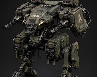 May include: A tactical olive green combat mech featuring dual shoulder-mounted missile launchers, two side-mounted rotary cannons, and a central cockpit with the text XM-03 printed on the front. The mechanical unit has articulated legs.