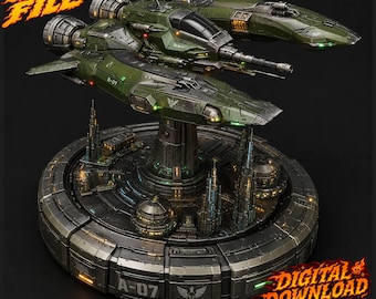 May include: A 3D model of a green sci-fi starship mounted on a circular base featuring a miniature city landscape. The ship has dual engines and a cockpit, with the text STL FILE and DIGITAL DOWNLOAD not a physical item visible on the image.
