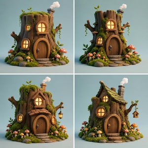May include: A collection of four miniature tree stump houses featuring brown bark textures, arched wooden doors, glowing circular windows, green moss accents, small red and white mushrooms, and stone chimneys with white smoke puffs rising from the tops.