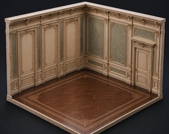 Puede incluir: Una maqueta de esquina de habitación con paredes de paneles color blanco roto, molduras doradas intrincadas e inserciones texturizadas en verde salvia. El suelo es de madera marrón oscura con patrón de espiga y borde dorado.