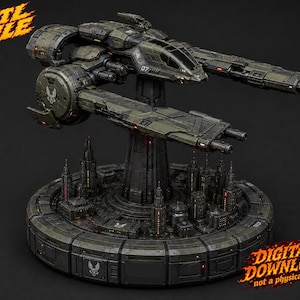 May include: A digital 3D model of a military spacecraft hovering above a circular base featuring a miniature city landscape. The olive-drab ship displays the number 07 and wing-mounted cannons. Text on the image reads STL FILE and DIGITAL DOWNLOAD.