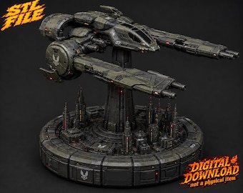 May include: A digital 3D model of a military spacecraft hovering above a circular base featuring a miniature city landscape. The olive-drab ship displays the number 07 and wing-mounted cannons. Text on the image reads STL FILE and DIGITAL DOWNLOAD.