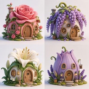 May include: A set of four decorative miniature houses shaped like flowers. One is a pink rose, one is a purple wisteria, one is a white lily, and one is a purple tulip. Each house features a wooden door, small windows, and green foliage.