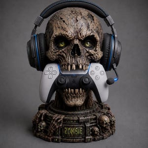 Puede incluir: Una escultura de cráneo marrón texturizado que lleva auriculares de juego negros con detalles azules. Un mando de juego blanco y negro se sostiene en la boca del cráneo. La base presenta pequeñas calaveras, manos esqueléticas y una placa ZOMBIE.