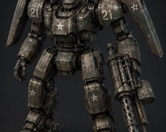 Op de afbeelding: Een verweerde, olijfgroene mechanische robot met metalen beplating, beweegbare gewrichten en een groot roterend kanon aan de linkerarm. Het pantser toont het nummer 21, witte sterinsignes en U.S.A.-markeringen op de borst en ledematen.