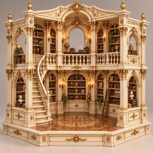 Peut inclure: Une structure de bibliothèque miniature à deux étages avec des murs couleur crème et des accents dorés, des étagères arquées remplies de livres, un escalier incurvé, un balcon à balustrade, un sol en bois à motif circulaire et des appliques.