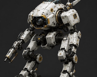 May include: A bipedal mechanical robot featuring a white and gray armored chassis with yellow accents. The unit has a large central optical sensor, articulated limbs with visible joints, a mounted weapon on the right arm, and a tall antenna.