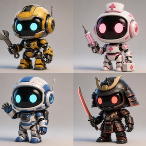 Peut inclure: Quatre petites figurines de robots : un robot de chantier jaune avec une clé, un robot médical blanc et rose avec une seringue et une mallette, un robot astronaute bleu et blanc qui salue, et un robot samouraï noir et rouge avec une épée rouge.