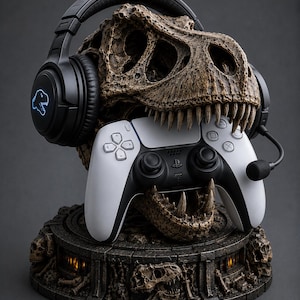May include: A brown textured Tyrannosaurus rex skull sculpture mounted on a circular base with small skull accents. The skull wears black over-ear headphones with a microphone and holds a white and black video game controller in its open jaws.