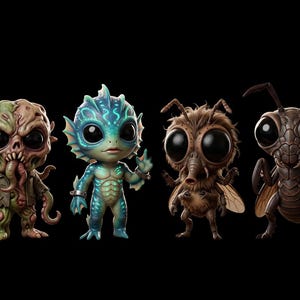 May include: Four stylised collectible figures featuring a tentacled creature with a textured green and brown body, a blue aquatic humanoid with fins, a fuzzy brown insect-like character with large eyes, and a brown segmented insectoid figure.