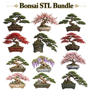May include: A digital collection titled Bonsai STL Bundle featuring twelve distinct bonsai tree illustrations. The set includes various tree species with green, red, and pink foliage, displayed in ornate ceramic pots with intricate patterns and textures.