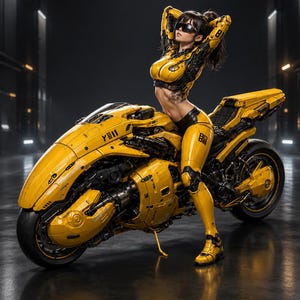 May include: A futuristic yellow and black motorcycle with a sleek, aerodynamic frame and visible mechanical components. A figure wearing a matching yellow and black armoured suit, dark sunglasses, and a ponytail sits atop the motorcycle.