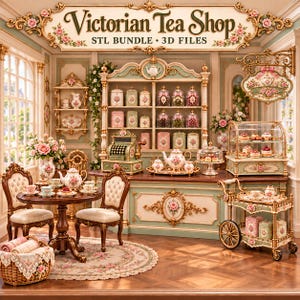 Puede incluir: Un paquete de modelos 3D digitales titulado Victorian Tea Shop STL BUNDLE 3D FILES, que muestra un interior de salón de té con muebles ornamentados, un mostrador, una caja registradora, vitrinas, juegos de té, decoración floral y un carrito.
