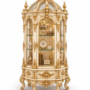 Könnte beinhalten: Ein verzierter Vitrinenschrank in Creme und Gold mit einer gewölbten Glaskuppel, geschwungenen Glasscheiben und aufwendigen Schnitzereien. Das Innere bietet drei Glasböden mit verschiedenen Porzellanobjekten, Büchern und einem Blumenarrangement.