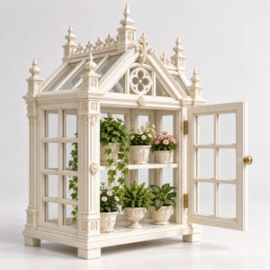 Könnte beinhalten: Ein cremefarbenes Miniatur-Gewächshaus im gotischen Stil mit einer Flügeltür und einem Messingknauf. Die Struktur weist aufwendige architektonische Details auf, darunter spitze Fialen und ein Vierpassfenster, und beherbergt sechs Topfpflanzen.