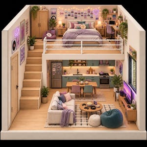 May include: A two-story miniature apartment model featuring a loft bedroom with a bed and desk, and a ground floor with a kitchen, dining area, and living room. The interior includes light wood stairs, a sofa, a television, and various plants.