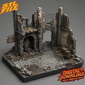 Può includere: Un diorama in miniatura di un edificio in pietra in rovina con una strada acciottolata, caratterizzato da un'insegna da bar appesa, porte ad arco, una grata metallica e un barile. Il testo STL FILE e DIGITAL DOWNLOAD not a physical item è visibile.