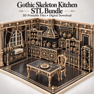 May include: A miniature kitchen set featuring black and cream-coloured cabinets, a stove, a refrigerator, and a dining table with a chair. The furniture is decorated with intricate skeleton and skull motifs. Text reads: Gothic Skeleton Kitchen STL Bundle 3D Printable Files Digital Download.