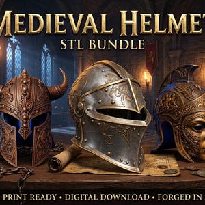 May include: Three distinct metal helmets displayed on a wooden table. The left is a horned bronze helmet, the centre is a silver-toned visor helmet with engravings, and the right is a gold-toned face mask helmet. Text reads: MEDIEVAL HELMET STL BUNDLE.