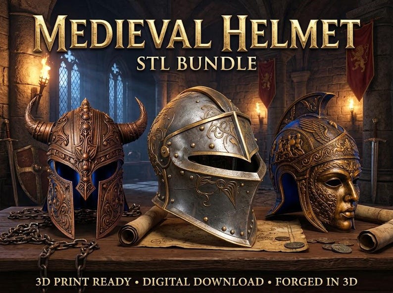 May include: Three distinct metal helmets displayed on a wooden table. The left is a horned bronze helmet, the centre is a silver-toned visor helmet with engravings, and the right is a gold-toned face mask helmet. Text reads: MEDIEVAL HELMET STL BUNDLE.
