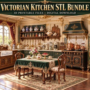 Può includere: Una collezione digitale intitolata Victorian Kitchen STL Bundle 3D Printable Files Digital Download che mostra un interno cucina con mobili verde scuro, finiture dorate, pentole in rame, un tavolo da pranzo con sedie e porcellane floreali.