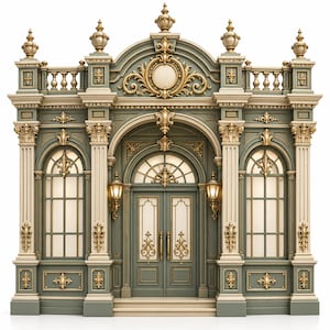 May include: An ornate architectural facade featuring a central double door with gold accents, flanked by two tall arched windows. The structure is painted in a muted sage green with cream-coloured columns, decorative finials, and gold scrollwork.