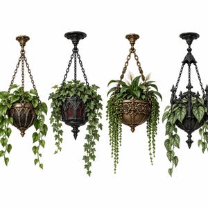 Könnte beinhalten: Vier hängende Pflanzgefäße mit verzierten Metallketten und Deckenhalterungen. Jedes Gefäß weist komplizierte, gotisch inspirierte Details auf, darunter Spitzbögen, florale Reliefs und dunkle Metalloberflächen, bepflanzt mit verschiedenen Ranken.
