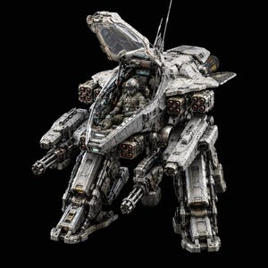 Op de afbeelding: Een grijze, zwaar gepantserde mechanische gevechtsrobot met een piloot in de open cockpit, meerdere roterende kanonnen met meerdere lopen en aan de zijkant gemonteerde raketwerpers. De machine heeft dikke, gearticuleerde benen en een complex, verweerd uiterlijk.
