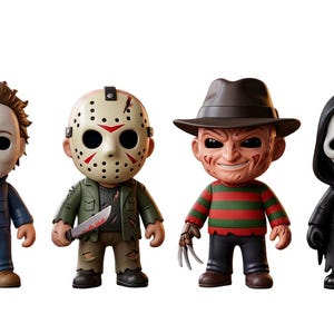 May include: A set of four stylized horror character figurines. The first wears a blue jumpsuit and white mask, the second a hockey mask and green jacket, the third a brown fedora and striped sweater with clawed gloves, and the fourth a black hooded robe.