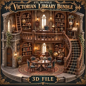 Puede incluir: Un paquete de archivos 3D titulado Victorian Library Bundle, que muestra una biblioteca de dos pisos con estanterías de madera, una escalera de caracol, un escritorio, sillas, una mesa redonda, globos terráqueos y detalles arquitectónicos de piedra.