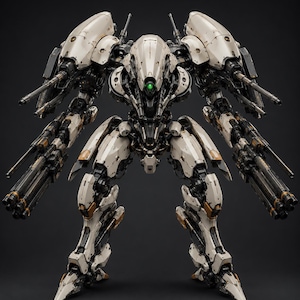 May include: A large, bipedal mechanical robot featuring off-white armor plating with weathered details. It is equipped with two massive multi-barreled cannons on its arms and two shoulder-mounted cannons. A single glowing green eye sits at the center.
