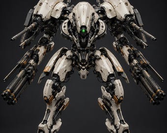 Op de afbeelding: Een grote, tweebenige mechanische robot met gebroken witte bepantsering en verweerde details. Het is uitgerust met twee enorme meervoudige kanonnen op de armen en twee op de schouders gemonteerde kanonnen. Een enkel gloeiend groen oog zit in het midden.