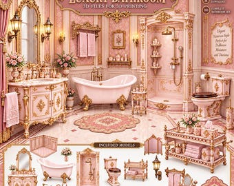 Pink Dollhouse Bathroom STL Bundle, Cute Bathroom Furniture 3D Models, Elegant Miniature Bath Accessories, Printable STL Files
