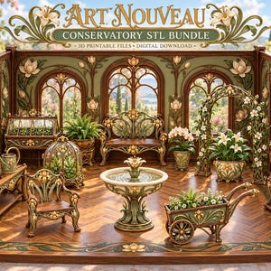 Könnte beinhalten: Eine digitale Sammlung von 3D-druckbaren Dateien mit dem Titel Art Nouveau Conservatory STL Bundle. Das Bild zeigt eine Miniatur-Gewächshausszene mit verzierten Holzmöbeln, einem zentralen Brunnen, einer Schubkarre und verschiedenen Topfpflanzen.