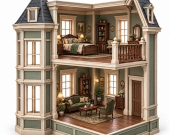 May include: A two-story dollhouse with sage green exterior walls and a dark gray roof. The interior features a bedroom with a wooden bed and a living room with a green sofa, armchair, coffee table, bookshelves, and detailed miniature furniture.
