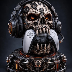 Puede incluir: Una escultura de cráneo mecánico con auriculares negros y detalles en naranja. El cráneo tiene ojos brillantes de color naranja y dientes afilados, sosteniendo un mando de juego blanco y negro en la mandíbula. Se apoya sobre una base circular.