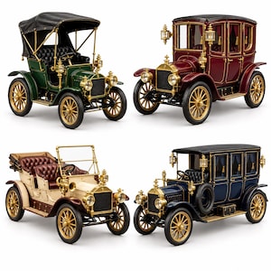Puede incluir: Cuatro modelos de automóviles de estilo antiguo con detalles en color latón, ruedas de radios y carrocerías en verde, rojo oscuro, crema y azul marino, cada uno con configuraciones de techo únicas y lámparas clásicas de estilo carruaje.