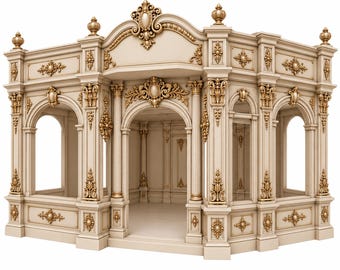 Puede incluir: Una estructura arquitectónica de color crema con tallas ornamentadas en tono dorado, columnas estriadas y aberturas arqueadas. La fachada está decorada con intrincadas molduras en relieve, remates decorativos y paneles simétricos de estilo clásico.