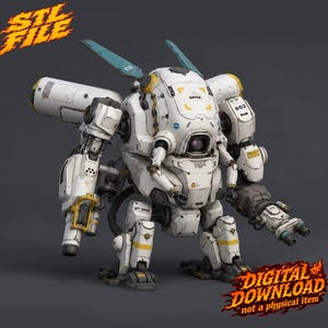 May include: A white and grey mechanical robot figure with yellow accents, featuring large shoulder-mounted cylinders, teal wing-like protrusions, and a central camera lens. The text STL FILE and DIGITAL DOWNLOAD not a physical item are visible.